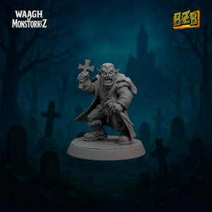 Gobhelsing — goblin łowca potworów z kołkiem i zardzewiałym krzyżem, stojący w bojowej pozie na 32 mm podstawce.